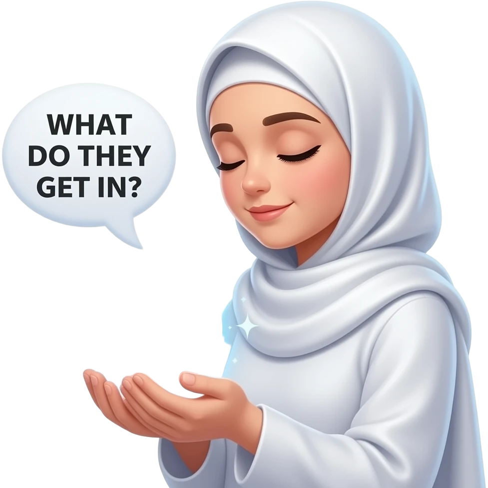 An ethereal Muslim woman, prayed position in place for prayer and rosary, closed eyes, wearing a soft white satin hijab, gently cupping a luminous Patreon logo (the round 'P' icon) made of liquid light. Text bubble from mind: 'WHAT DO THEY GET IN?'. Isolated on white, magical stardust, 3D icon style emoji