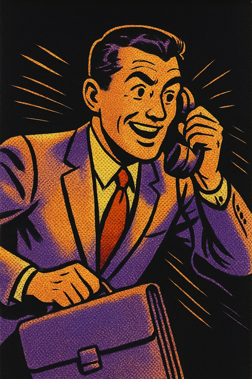 businessman, warm palette in yellow, orange, purple, violet gradient tones, dark solid bg emoji