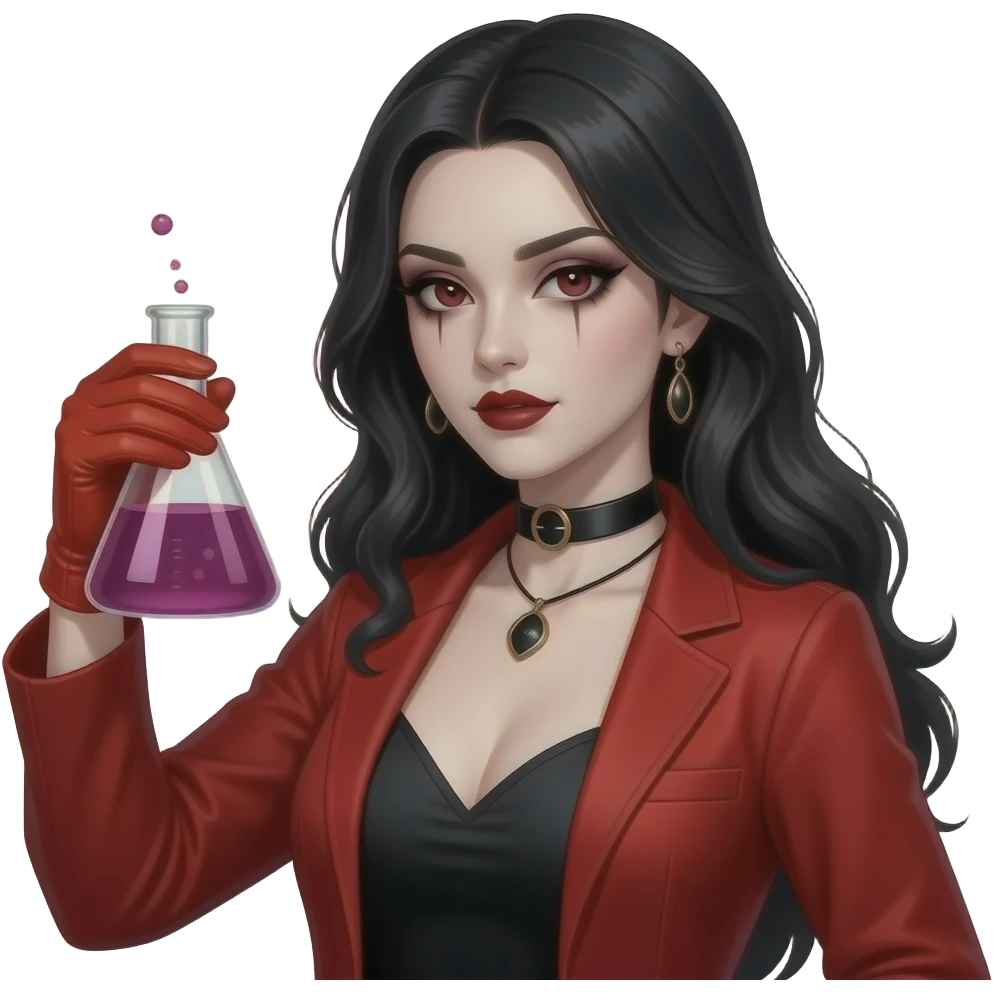 Sexy gothic scientist with red lab coat, red gloves and golding a chemistry bottle emoji