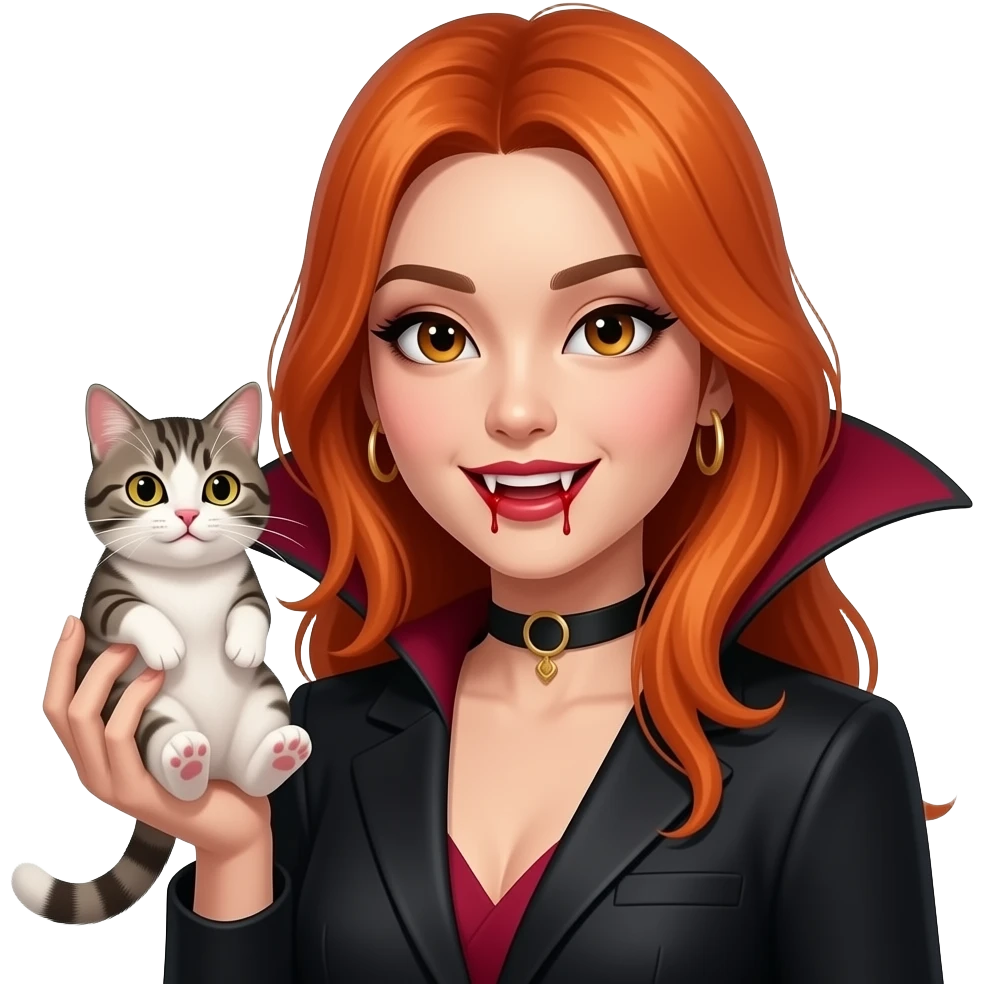 orange hair asian women blood in teeth Vampire with cat in hand emoji