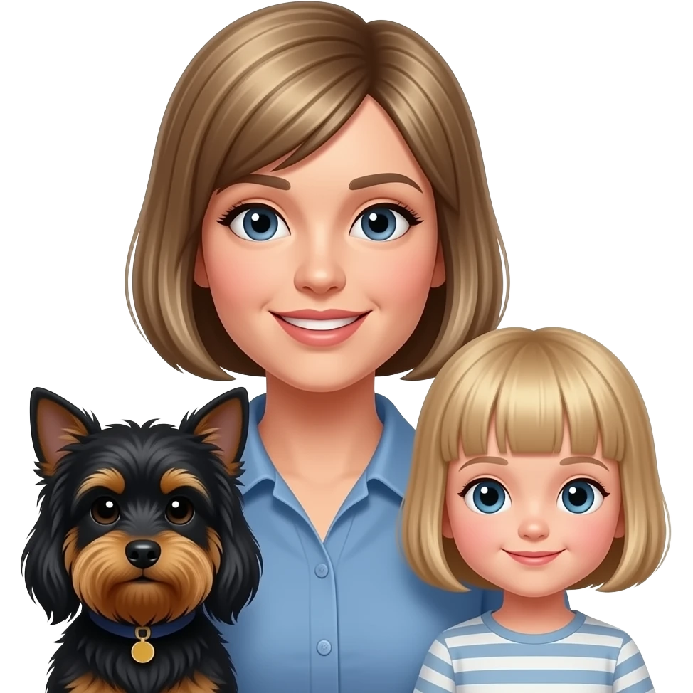 very dark blonde bob haircut 38 years old with little black dog shiatsu with long hair in the eyes and 2 years daughter with  very short blonde hair like a boy cut emoji