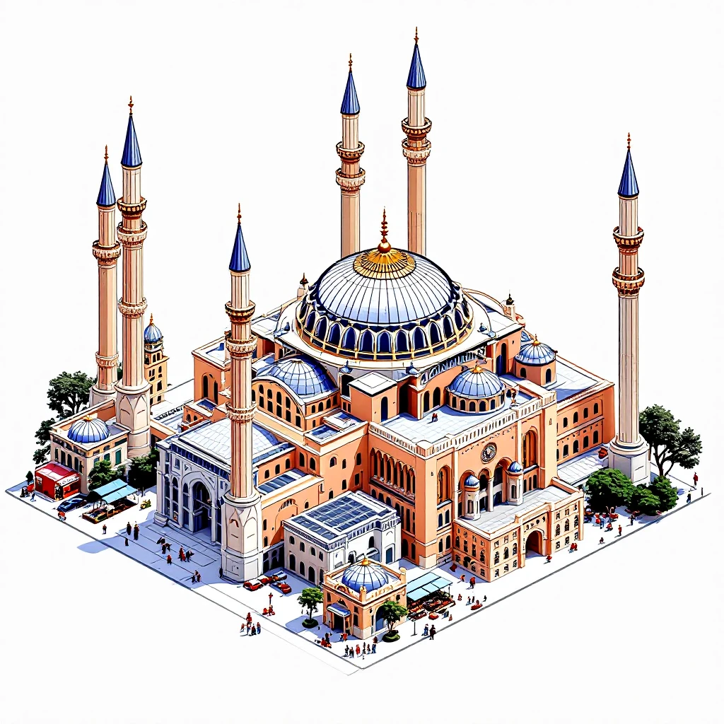 Isometric illustration of Istanbul, featuring real photorealistic Hagia Sophia with ts large central dome and four tall minarets, transparent background emoji