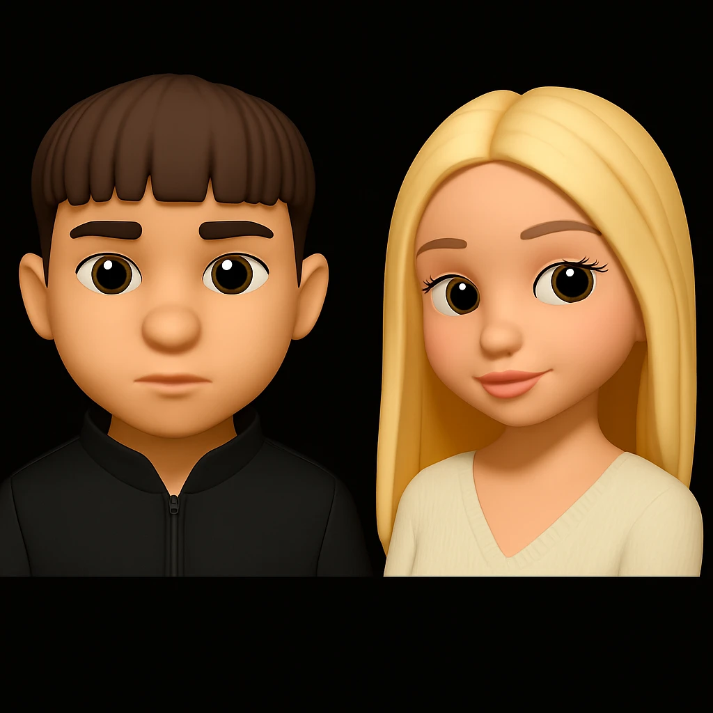 Place these two 3d emoji images on one background as two separate figures with noticeable space between them, without changing the images themselves emoji