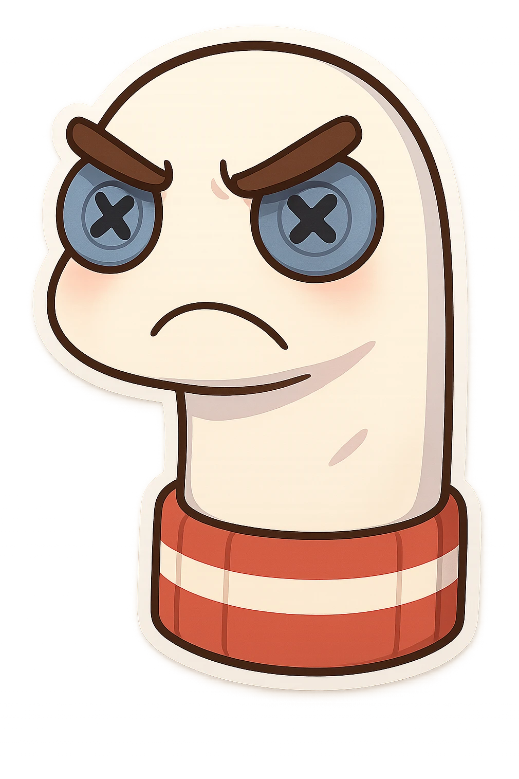 sock puppet with button eyes, angry emoji