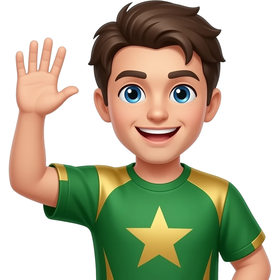 gamer wearing green and gold jxs, waving emoji