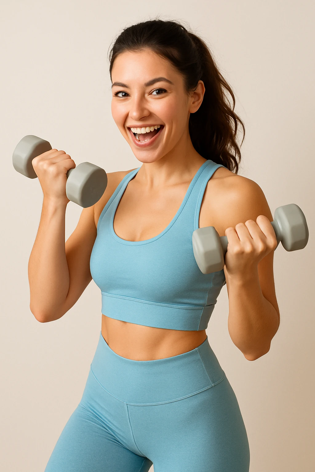 brunette girl lifting weights, wearing light blue athletic outfit, energetic and confident, simple background emoji