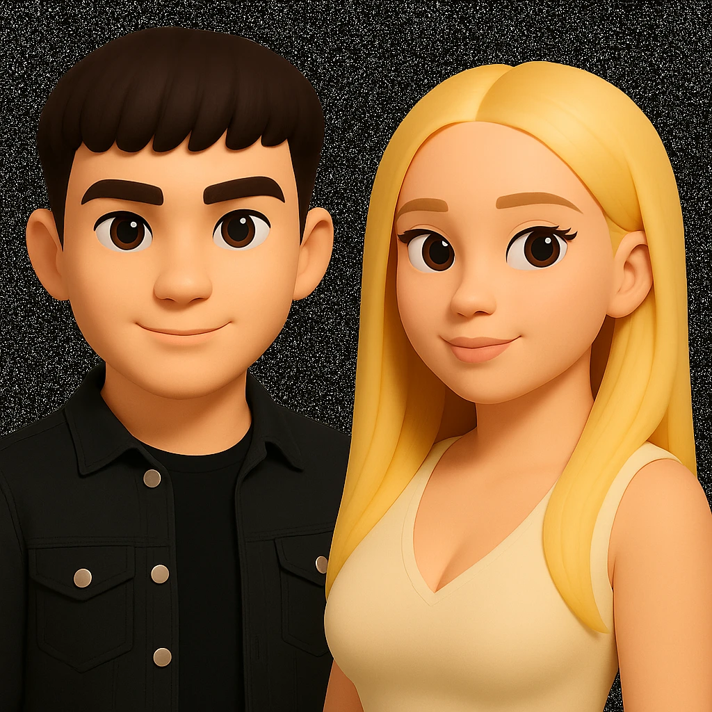 Slightly increase the volume of the upper body of the girl, separate the girl and the boy from each other, and make the skin color the same for both. Preserve the cartoonish 3D style in the edit. emoji