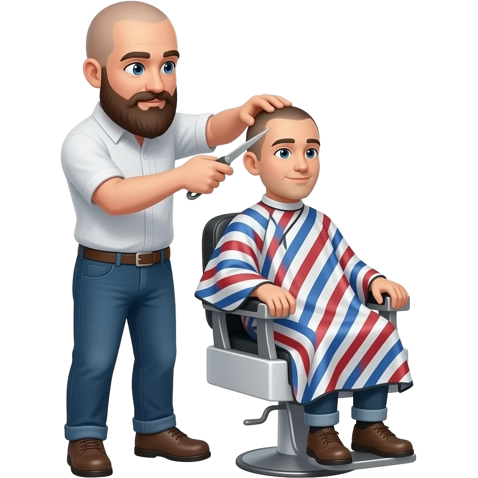 A bald man with a dark brown beard cutting someone’s hair at a barber shop make the cutomer bald emoji