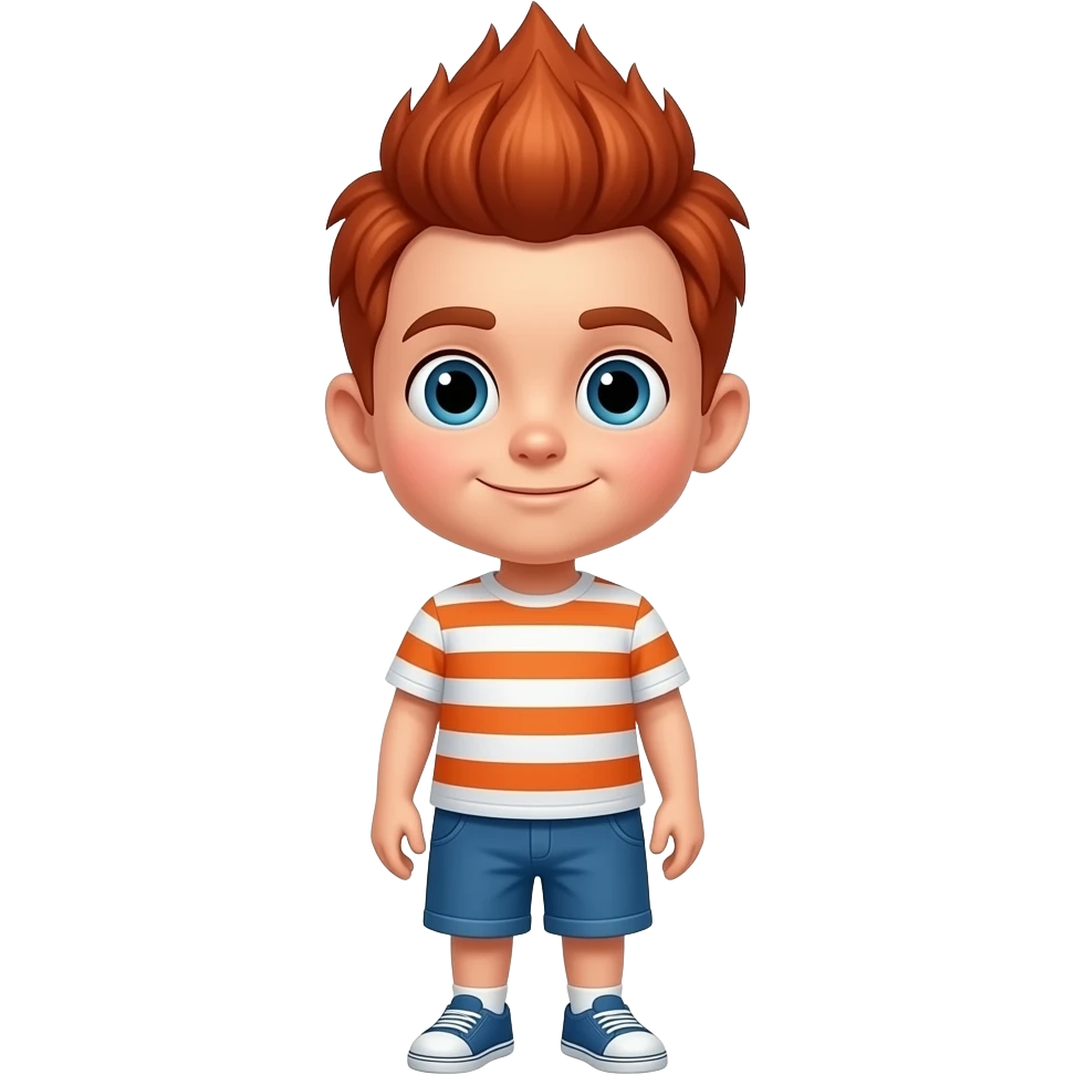 A kid with red hair a cone head a white and orange striped shirt with blue shorts emoji
