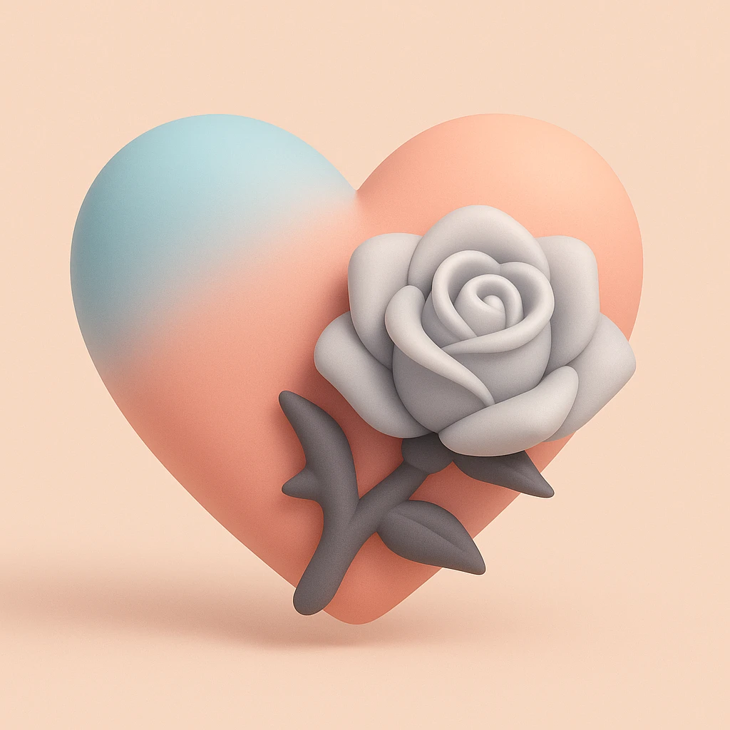 gothic heart with a silver gothic rose, mochi style emoji