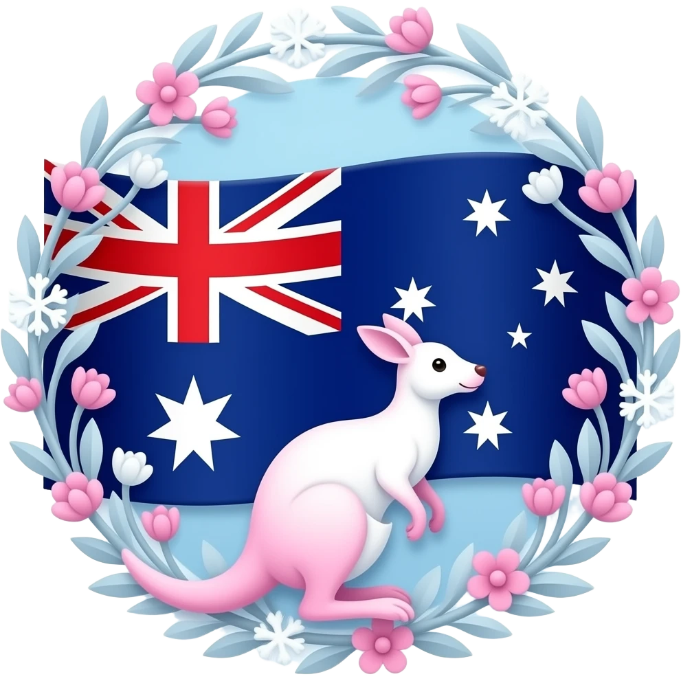 Lots of pink and white vines, wind swirls, snow, and flowers wrapped around the Australian  flag with a white and pink Kangaroo emoji