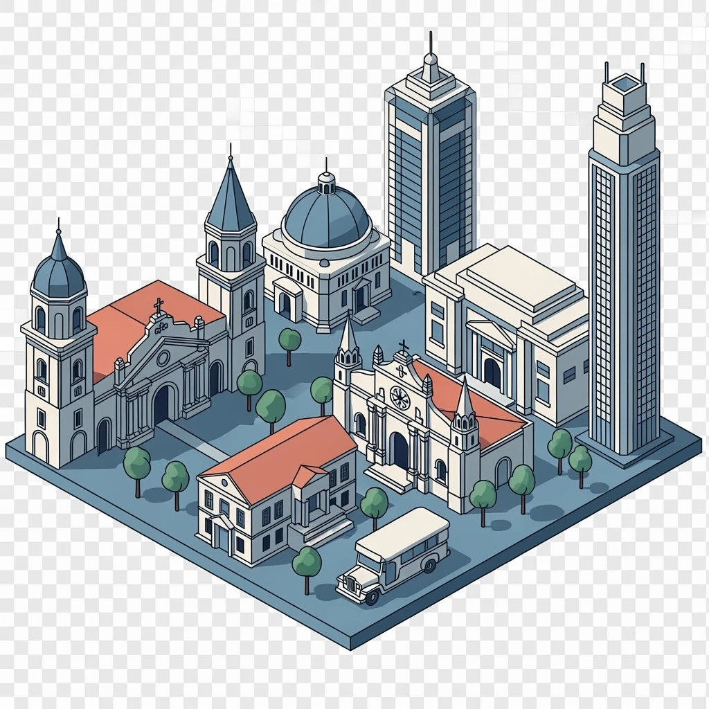 Isometric minimalistic illustration of Manila, subtle 3D miniature effect and Tilt Shift effect, no cartoonish look, transparent background. emoji