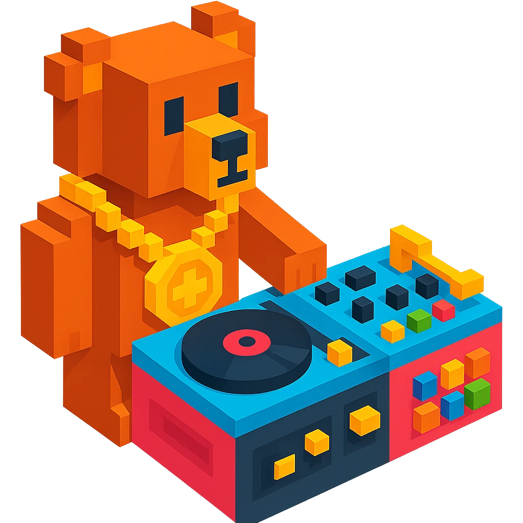 Change the DJ setup to a more advanced turntable and mixer setup for the Russian grizzly bear with a rapper chain emoji