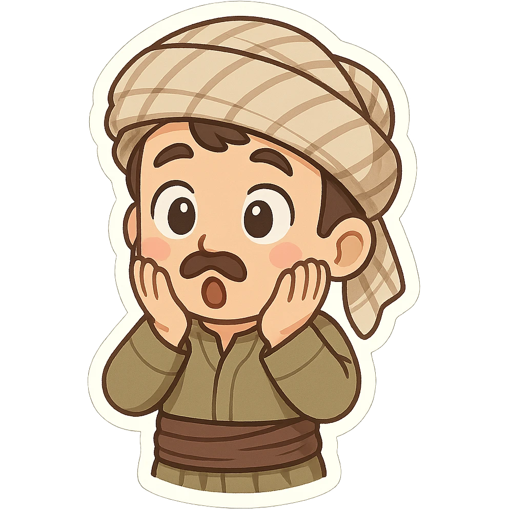 Kurdish sticker, cartoon style, Kurdish man or woman in jamadani, surprised expression, wide eyes, hands on cheeks, no text emoji