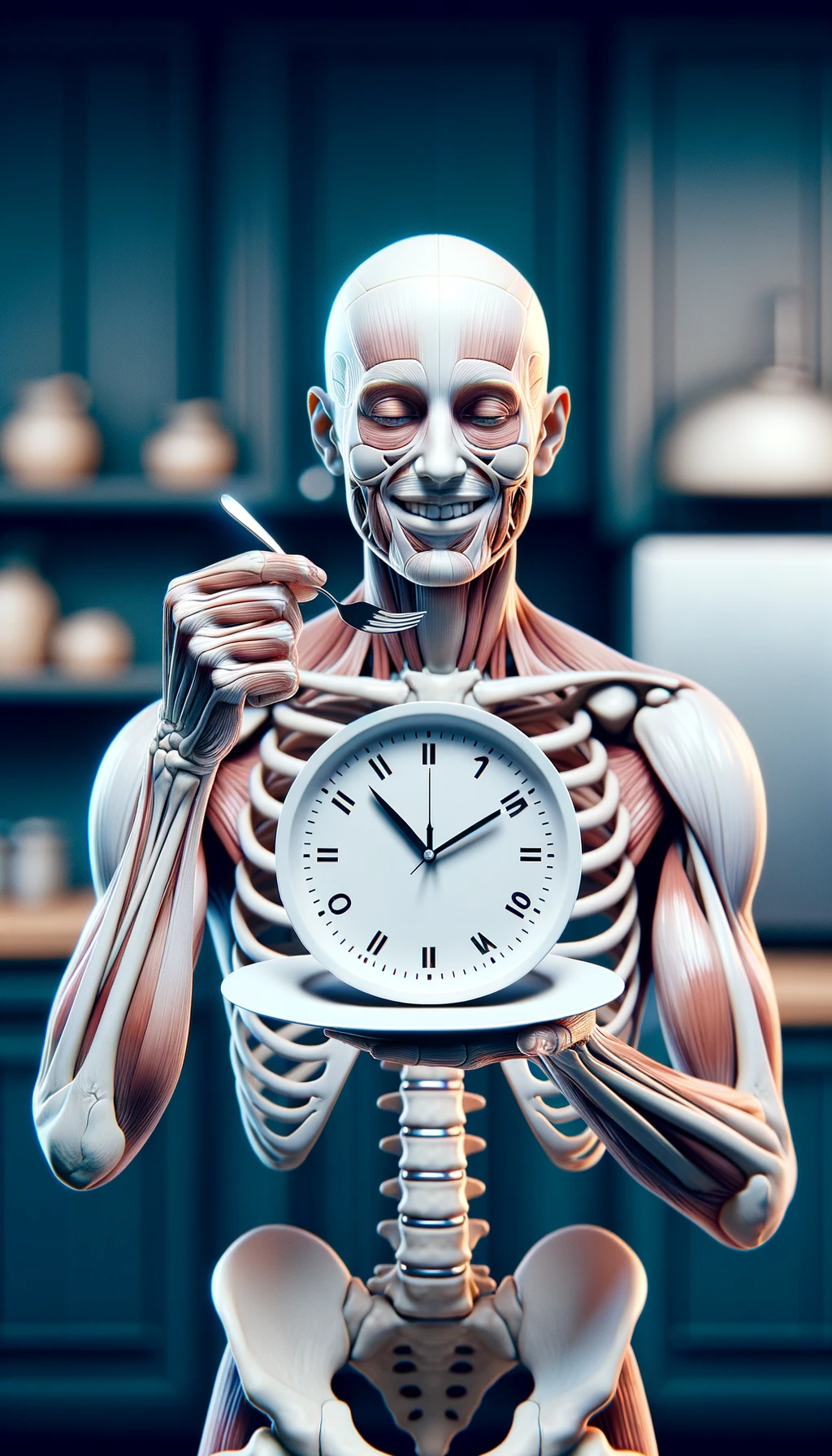 corpo umano anatomico, che tiene in mano un piatto bianco con la lancette di un orologio sopra, figura visibile fino ai fianchi, espressione del volto soddisfatta, sullo sfondo la sua cucina sfocata, iperrealistico 4k emoji