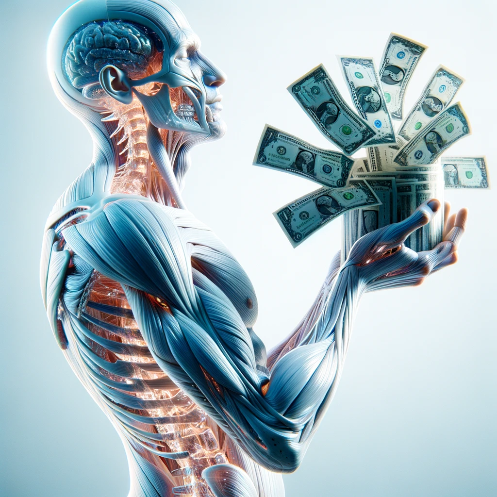 corpo umano anatomico che guadagna soldi senza sforzo, iperrealistica 4k, isolato su sfondo bianco emoji