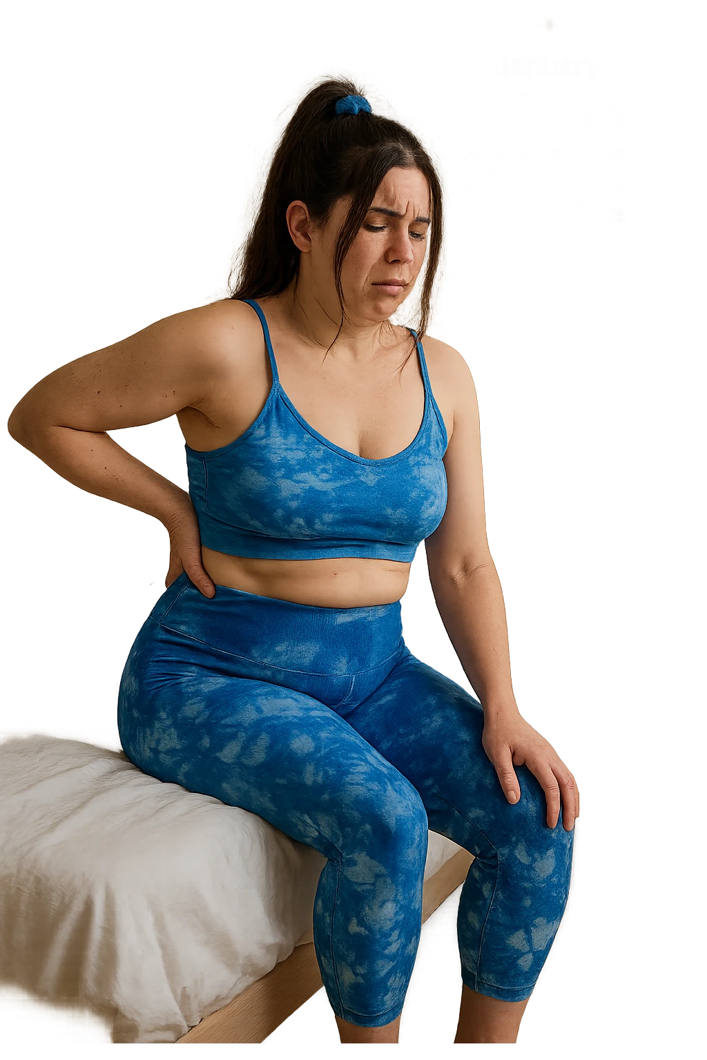 a woman in her 30s sits on the edge of her bed in the morning, holding her lower back with a pained expression. Subtle visual cues, like uneven shoulders or hips, hint at postural asymmetry. The room is softly lit, and a calendar on the wall shows months crossed off, symbolizing chronic pain over the years. emoji