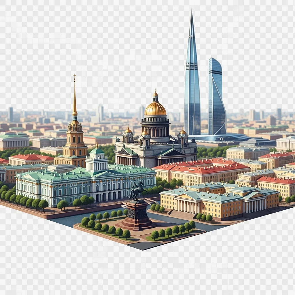 Изометрическая иллюстрация-модель фотореалистичного Санкт-Петербурга с акцентом на Исаакиевский собор, Зимний дворец, памятник Петру I, Адмиралтейство, здание Сената, башня Лахта-центр баланс между стилизацией и реализмом, эффект рисованной миниатюры Tift shift, прозрачный фон. emoji