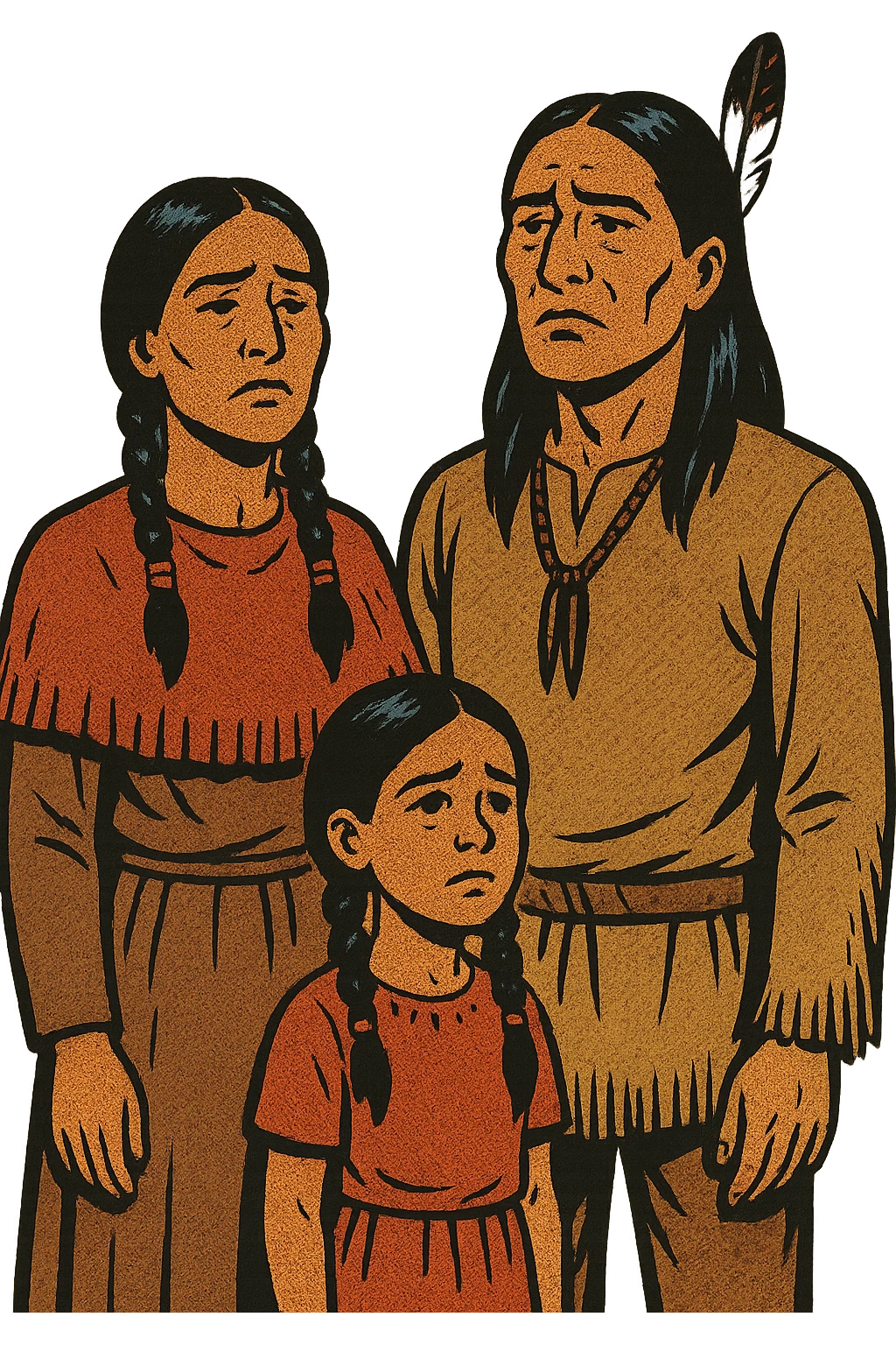 The full body of a native american mother, father and their daughter from the 1880s standing up straight with their heads held high but looking sad. emoji
