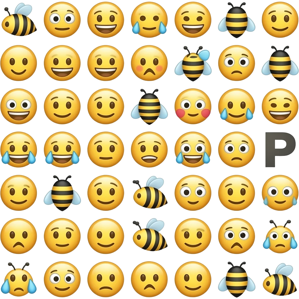 "grid of bee emojis and letter R, one letter P hidden, cartoon style" emoji