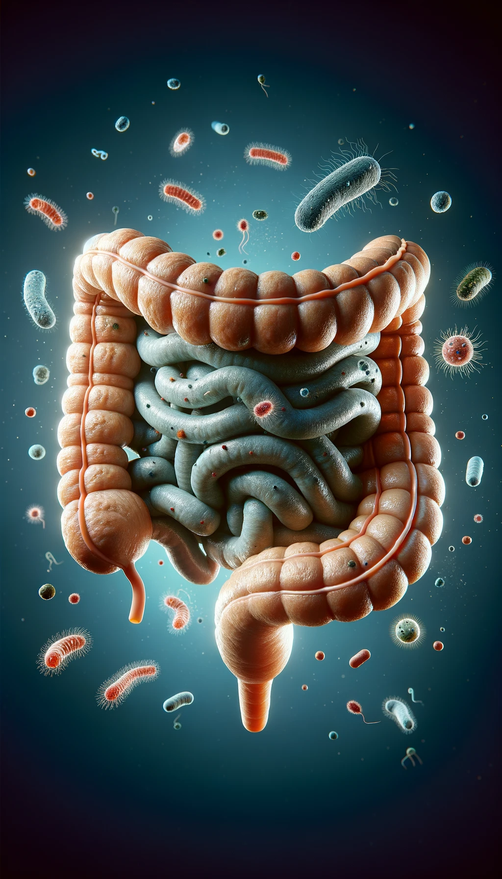intestino umano realistico con batteri e parassiti che gli fluttuano intorno, iperrealistico 4k emoji