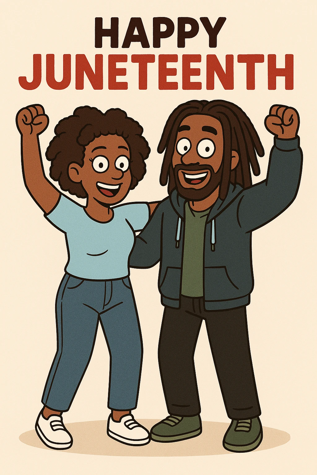 A woman Kinky hair light blue shirt blue jeans white shoes boy Dreadlocks dark brown hair green shuts navy blue zip up hoodie black jeans green shoes Bob Marley Vanessa Nakate Mae Jemison Happy JUNETEENTH emoji