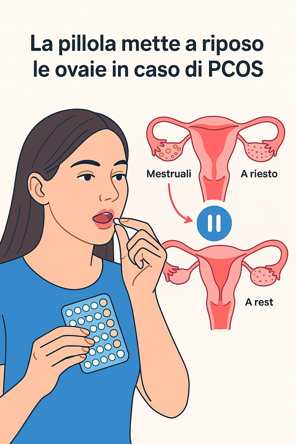 Donna con pcos che prende la pillola, e la pillola mette a riposo le ovaie in italiano emoji