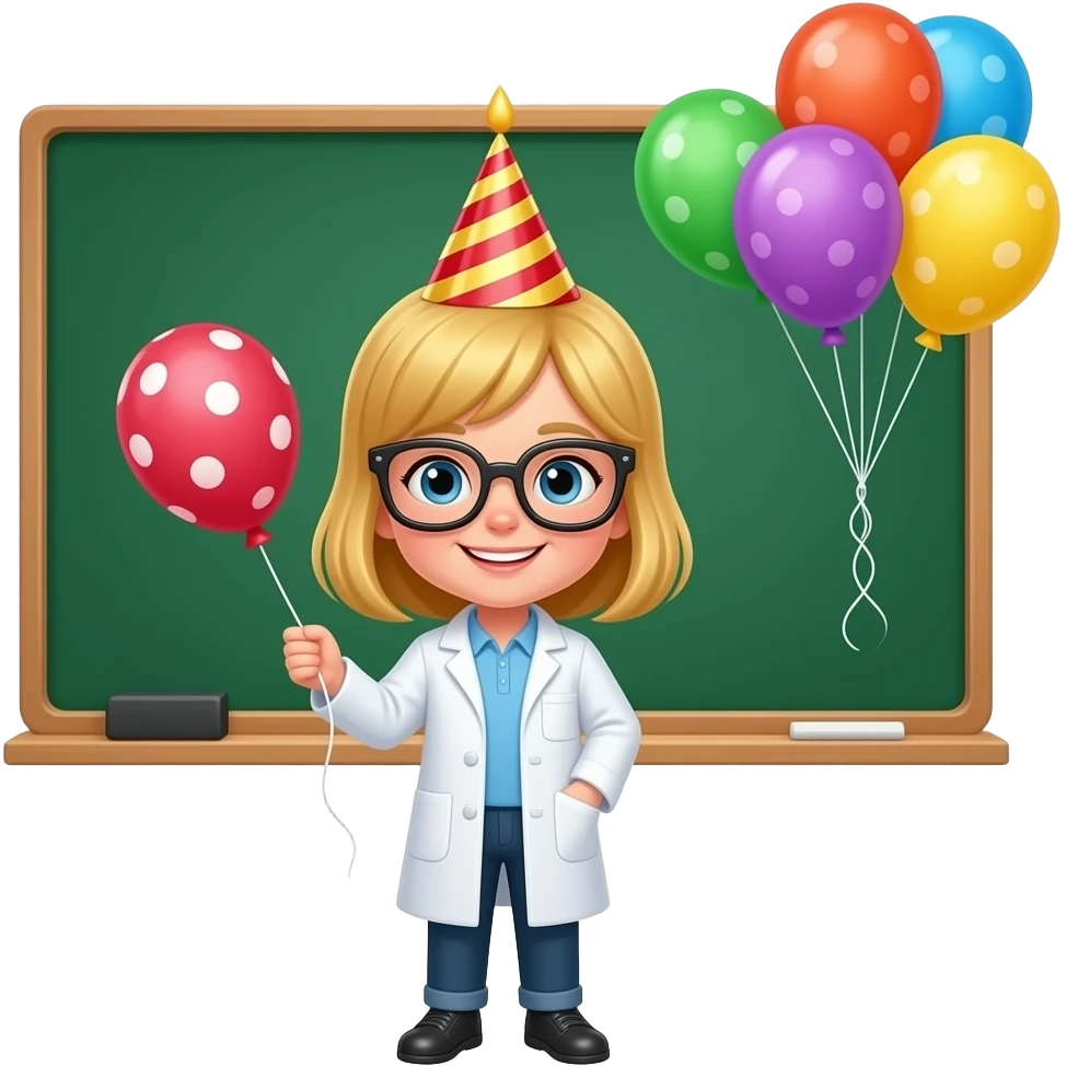 LITTLE BLOND GIRL  SCIENTIST STANDING IN FRONT OF GREEN BOARD WITH BIRTHDAY SIGN AND BIRTHDAY BALLOONSDAY BALLOONS emoji
