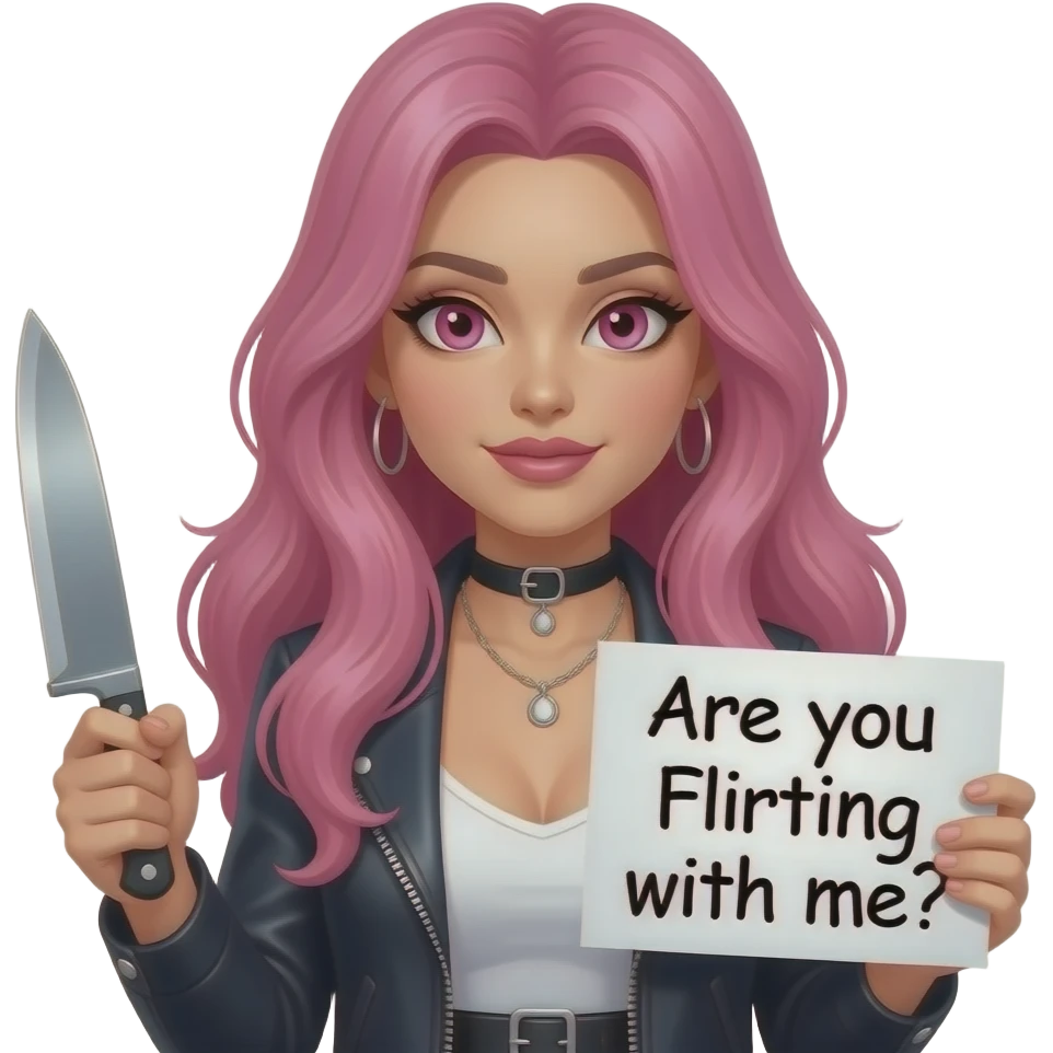 sexy girl with long pink hair and pink eyes wearing a holding a A KNIFE? Are you Flirting with me? sign emoji