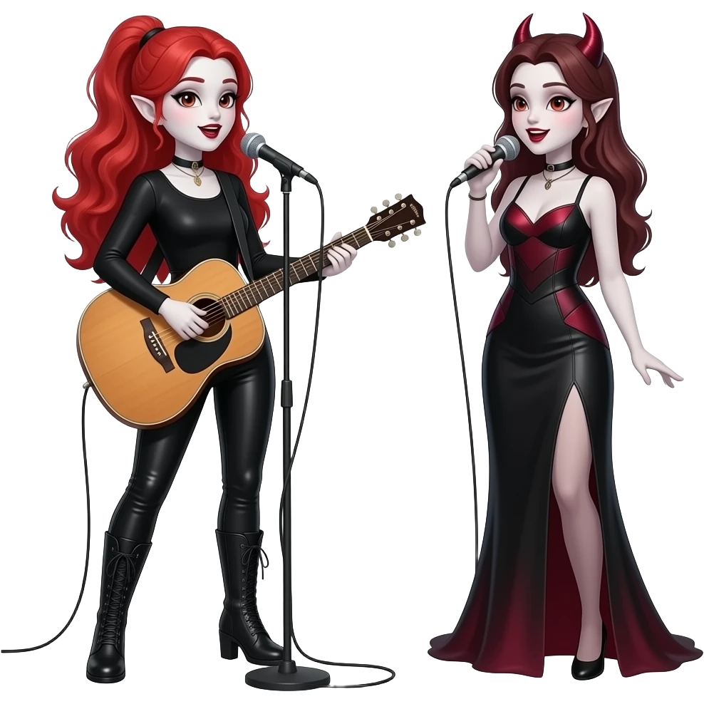 Vampiro femmina ADOLESCENTE con pelle bianca e capelli rosso ondulati lunghi raccolti in una mezza coda che indossa dei pantaloni di pelle neri un top nero con maniche lunghe e degli stivali lunghi con tacco che canta e suona una chitarra di legno e la sua amica VAMPIRA femmina con un vestito canta emoji