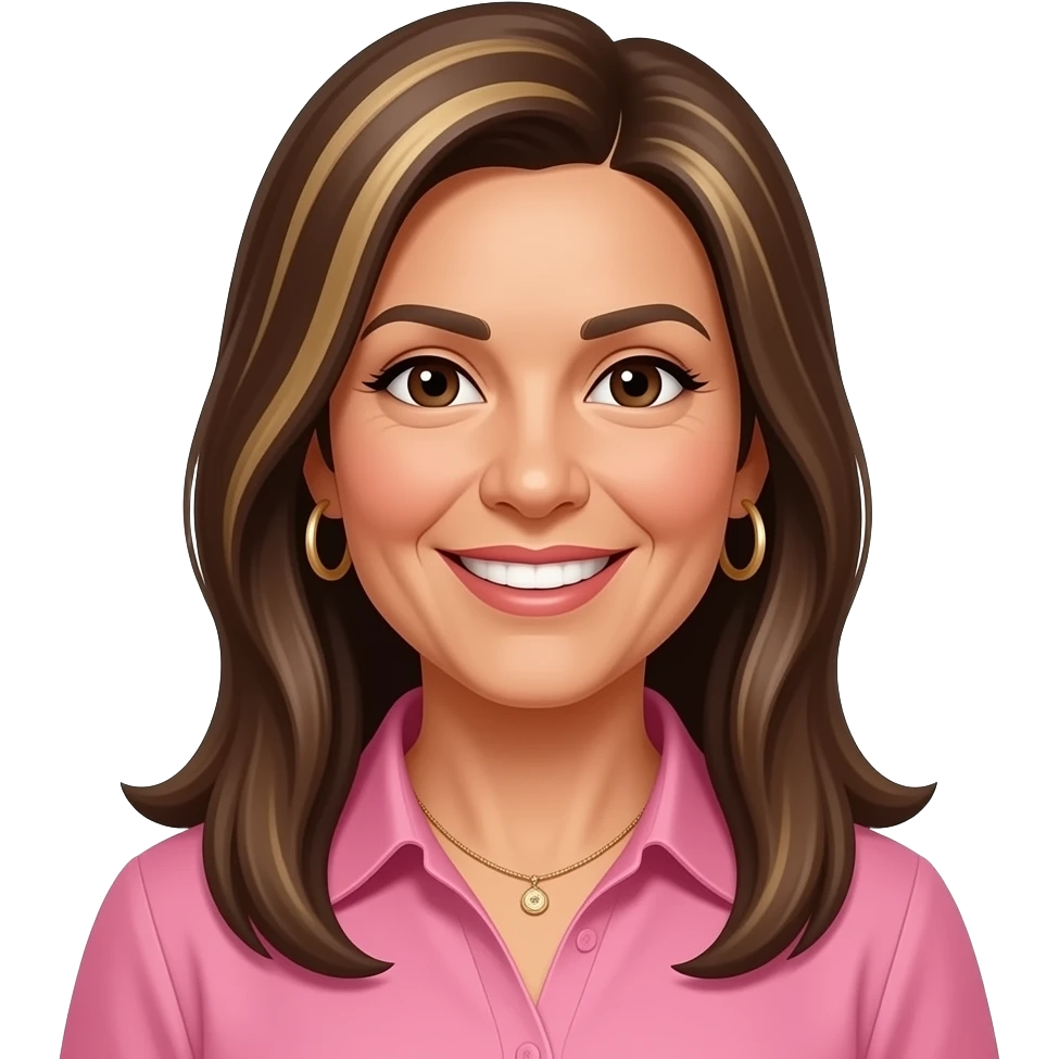 woman early 50s, dark brown eyes, very long straight hair all with highlights one length with side parting, hoop earrings, necklace, pink collared shirt, slighlty tanned skin, open smile, lighter skin, hair hightlights with open smile emoji