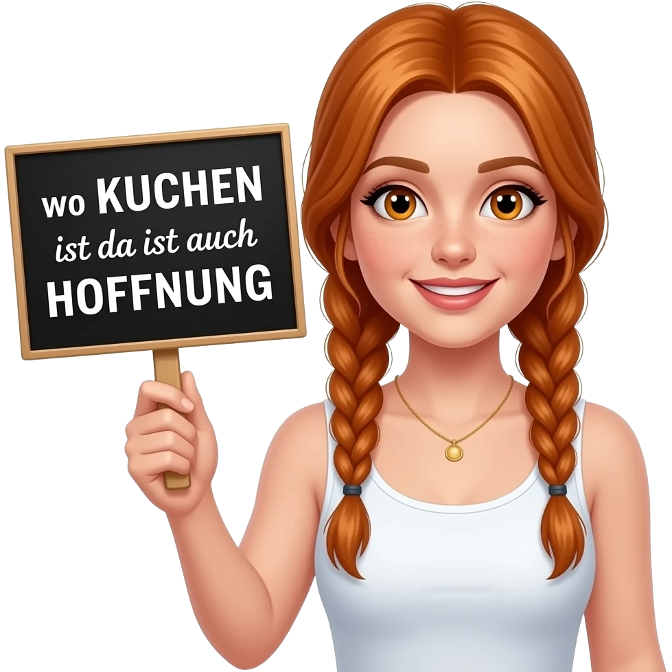 sexy girl with long ginger braids and ginger eyes wearing a white tanktop is holding a black sign with wo KUCHEN ist da ist auch HOFFNUNG written on it emoji
