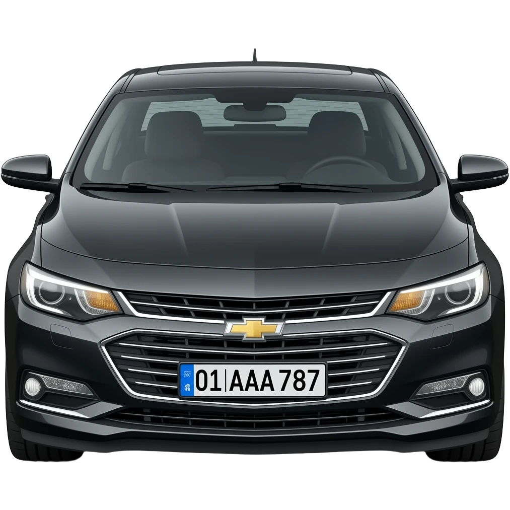 A realistic icon emoji of a metallic black sedan Chevrolet Malibu 2.0L Turbo Premier, dark charcoal tint windows, black alloy 5-spoke rims, Dynamic amber glow LED headlights with sharp laser-beam effect, uzbekistan region number texts "01 | AAA 787" in plate emoji