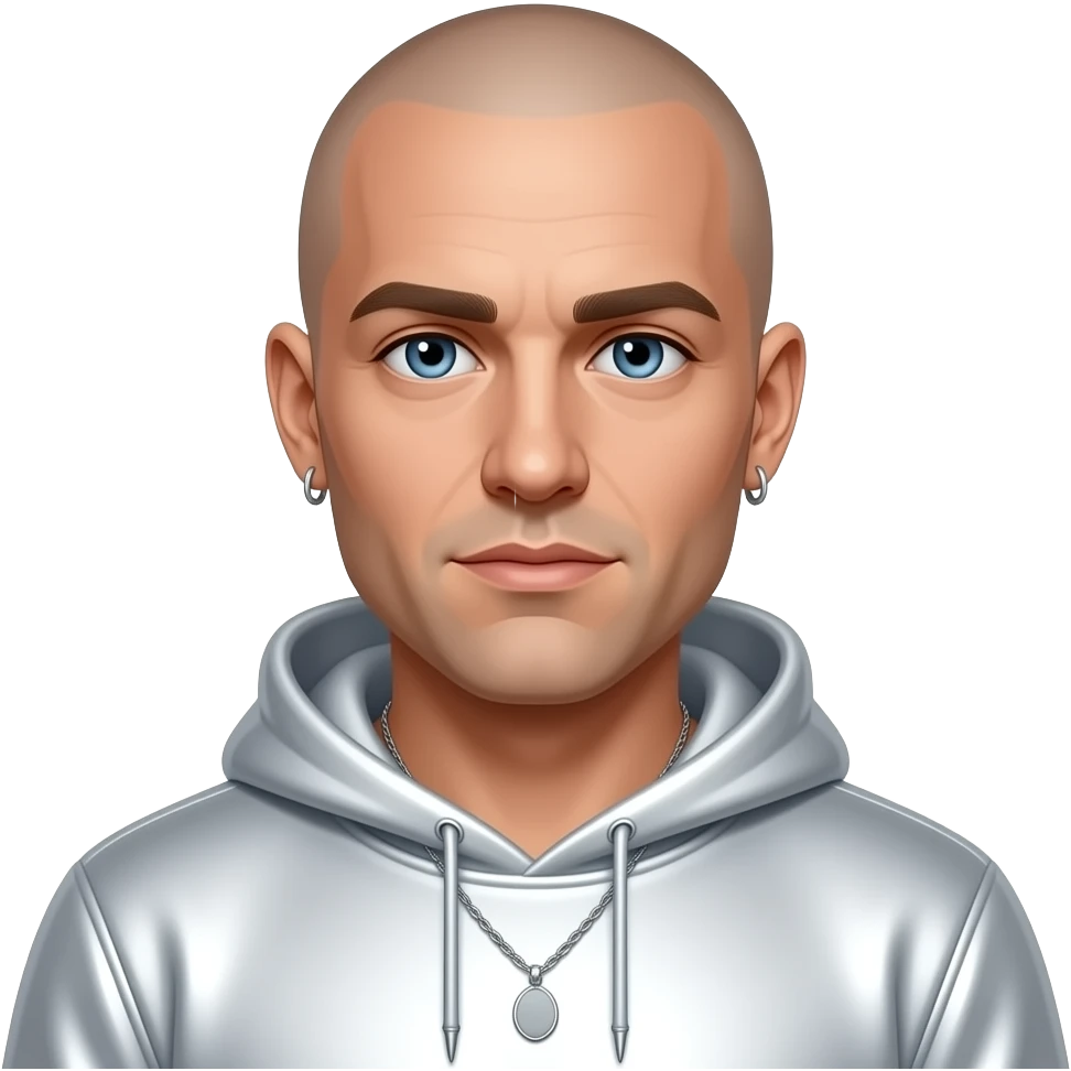 John Hendy from East 17 with blue eyes, bald, white metallic sweatshirt, necklace and earrings emoji