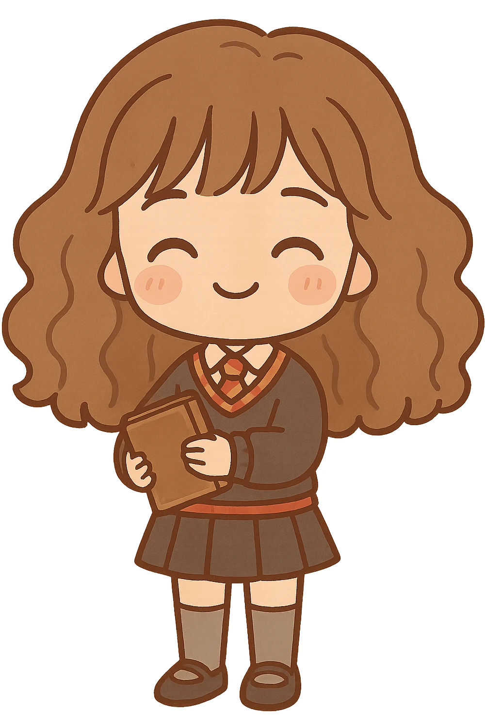 Chibi kawaii Hermione Granger with exaggerated proportions (big head, small body), clean lines and dark brown thin outline, happy expression with closed arched eyes, subtle smile, rosy cheeks. Classic Gryffindor uniform: dark gray sweater with red and gold stripes, white shirt, red/gold striped tie, dark pleated skirt, knee-high socks and black shoes. Holding old brown book. Voluminous, wavy brown hair. Warm, earthy, pastel palette, light cel shading, neutral or transparent background. emoji