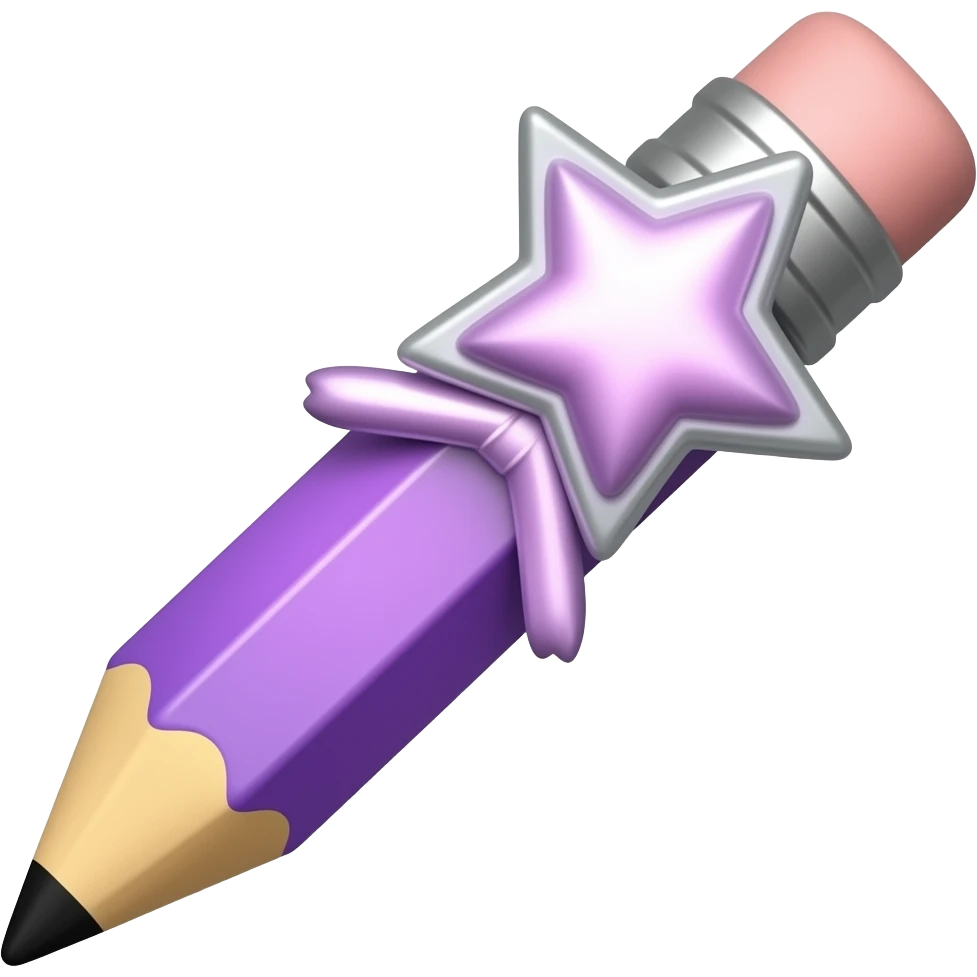 one purple gradient pencil in front of a shiny magic wand (fairy mood but no actual fairy character) sparkling wand with a star toward top/end of pencil (rubber side on top, writing part toward bottom) emoji