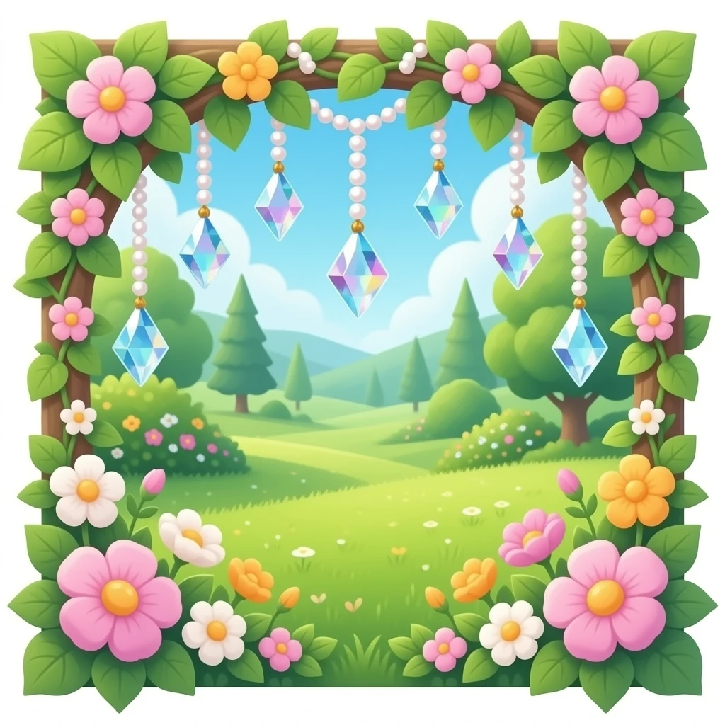 Exotic romantic Few cute tiny Iridescent glistening glossy sparkly shiny glittery hanging crystals pearls and beads and gemstones scenery scenic decorations with ivy and flowers emoji