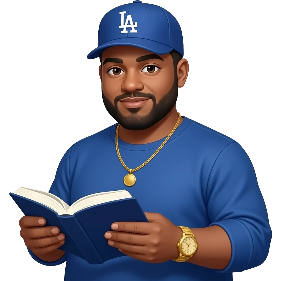 Chubby man with sand skin tone and lightly shaved black beard wearing a blue Los Angeles Dodgers logo baseball cap wearing a long sleeve blue shirt wearing a gold tennis necklace and a gold wrist watch reading the Bible emoji