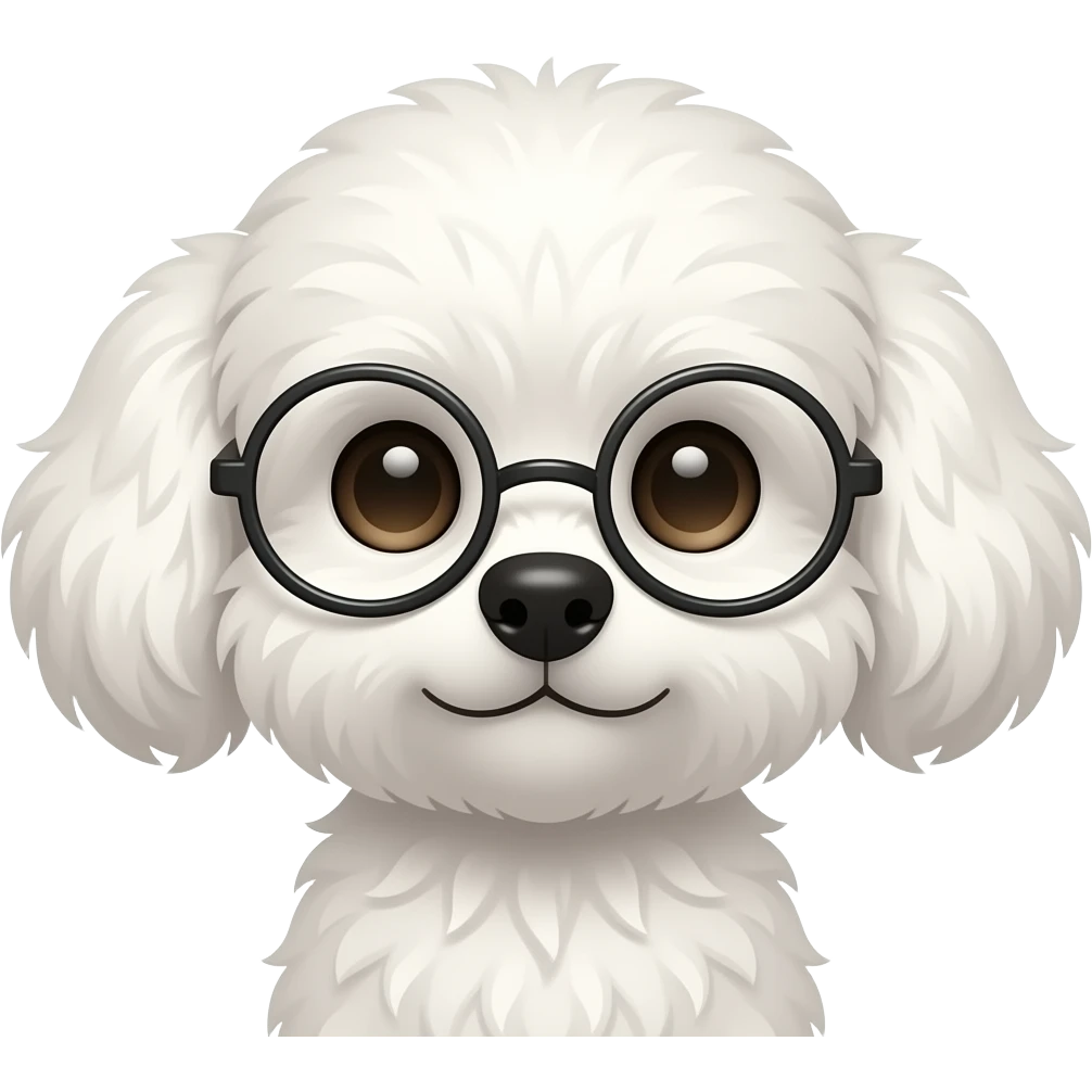 Very small fluffy cutty dog, wearing glasses, closer emoji