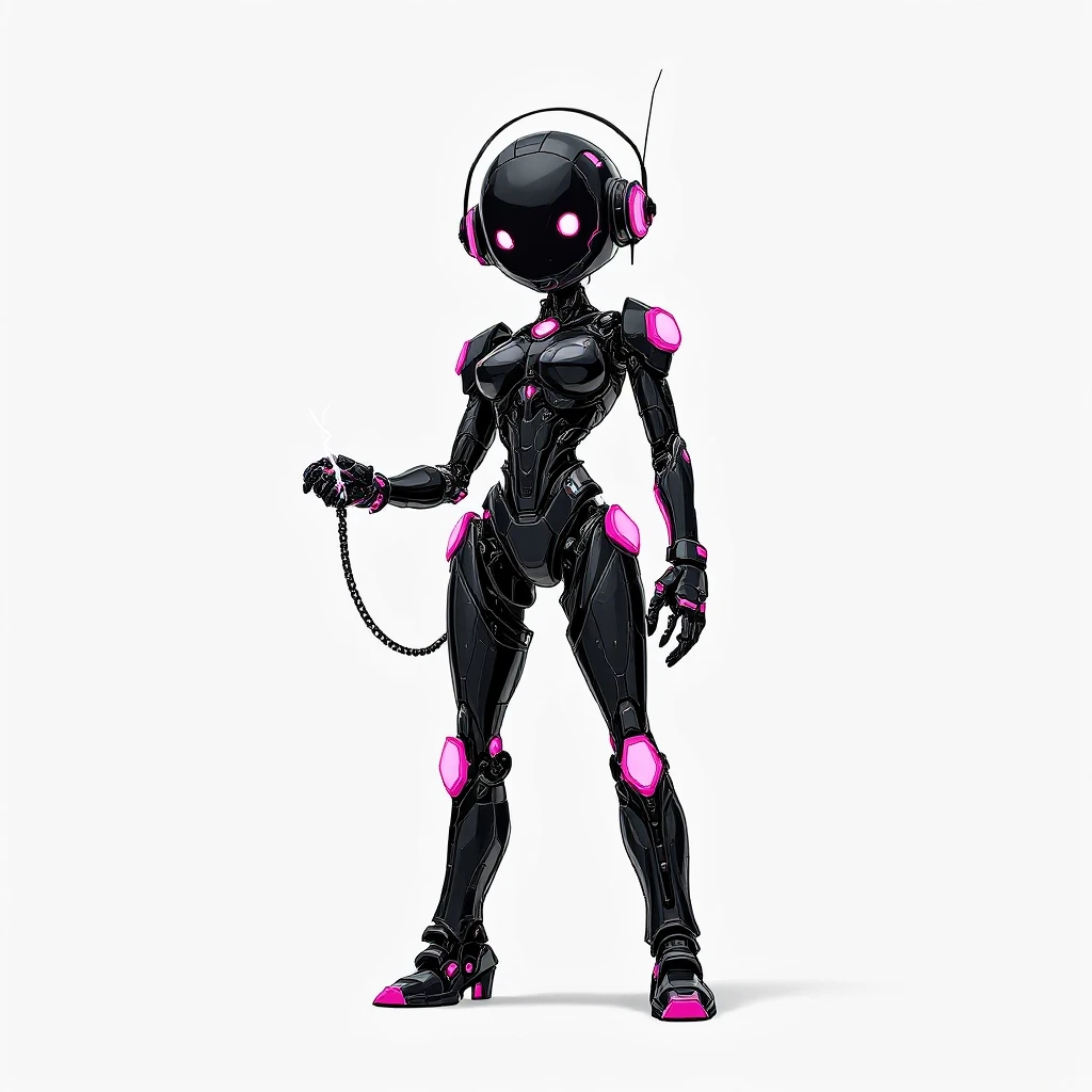 slim black female robot with pink hexagonal arms and legs, small ear pieces, holding a lightning whip, confident pose emoji