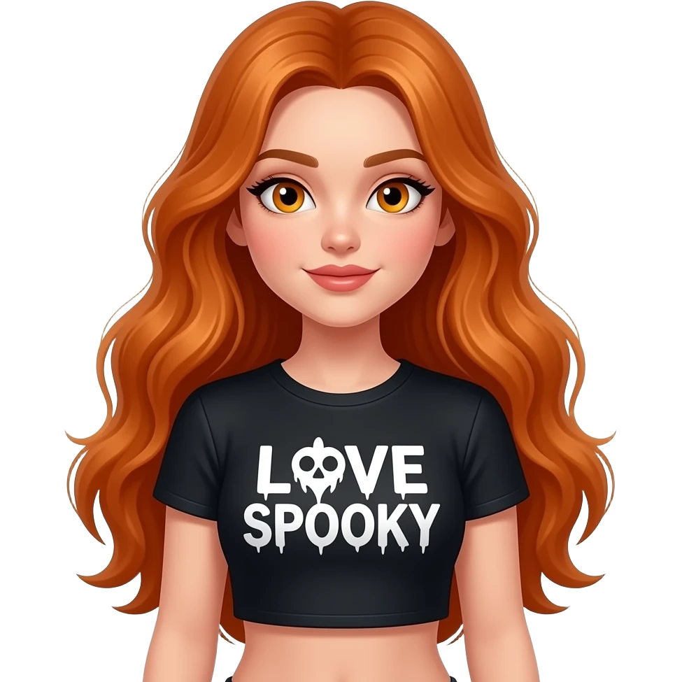 sexy girl with overlong ginger hair and ginger eyes a top with LOVE SPOOKY written on it emoji