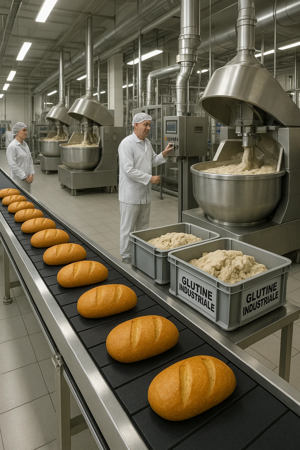 a modern food processing factory interior, with large stainless steel machines mixing and kneading dough. In the foreground, a conveyor belt carries loaves of bread and trays of raw gluten, labeled “Glutine industriale” Workers in uniforms and hairnets monitor the process. The atmosphere is clean, efficient, and slightly clinical. emoji