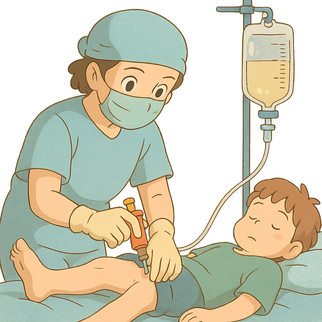 procedimento de punção intraóssea em estilo ghibli com detalhes médicos suaves emoji