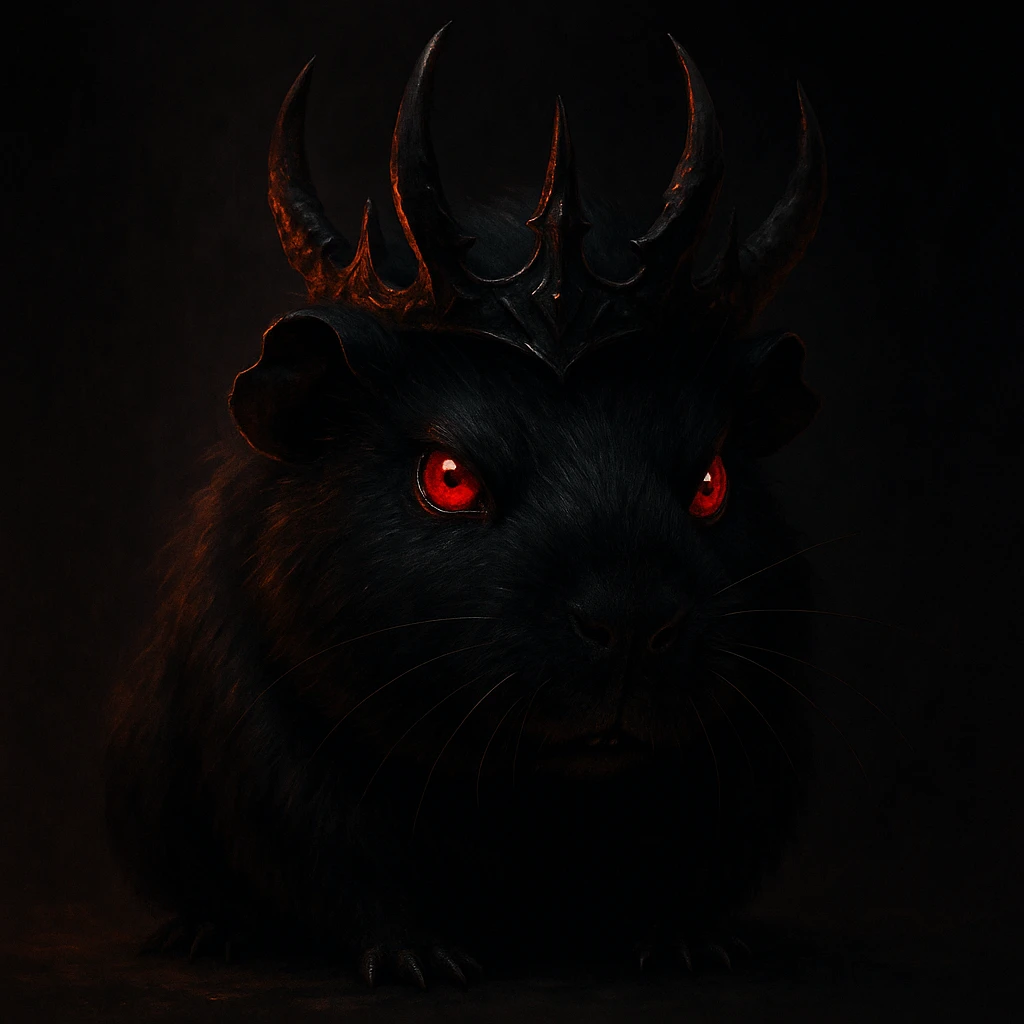 black guinea pig with red eyes, looking evil, wearing a demon crown, dramatic lighting, dark background emoji