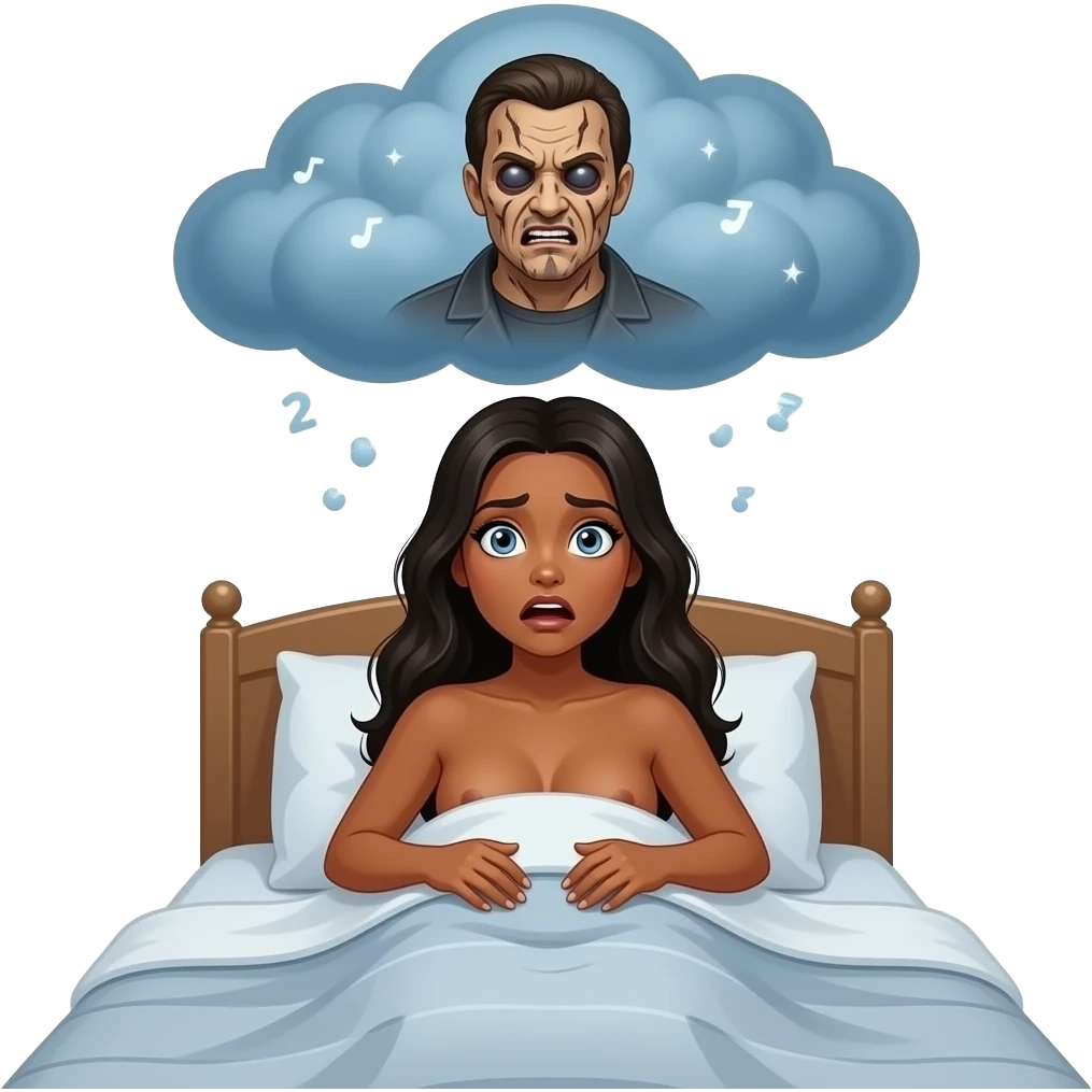 a deeply tanned naked woman sitting up in bed terrified by a dream cloud of freddy krueger emoji