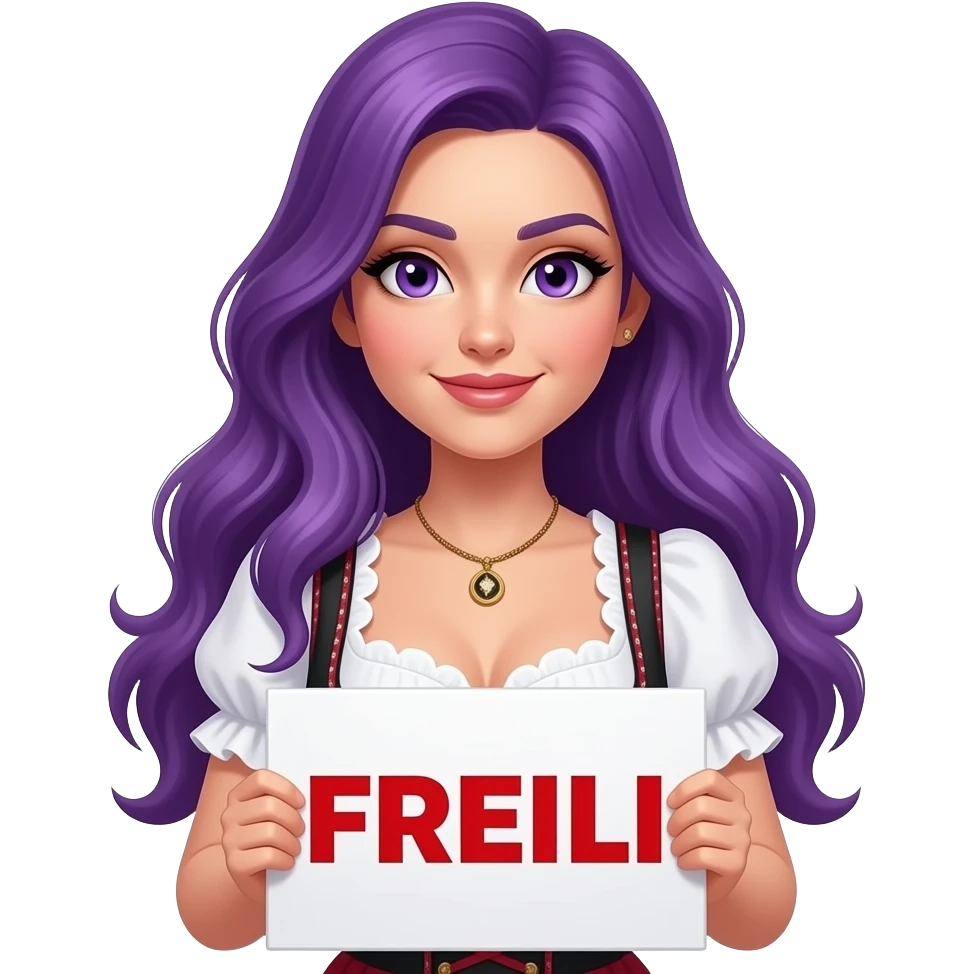 sexy girl with long purple hair and purple eyes wearing a dirndl holding a FREILI sign emoji
