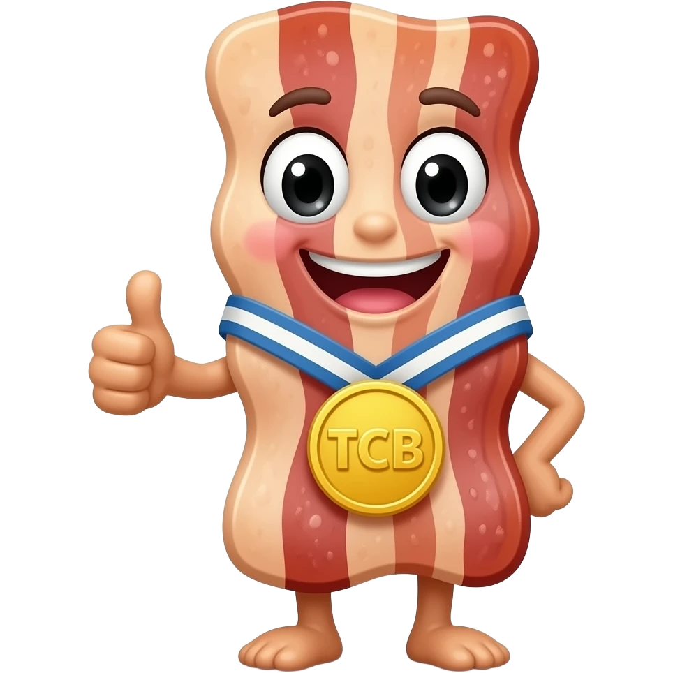a cartoon 3d style image of a slice of Bacon with arms legs & a happy face giving the thumbs up. He is wearing a medallion that says TCB on it. emoji