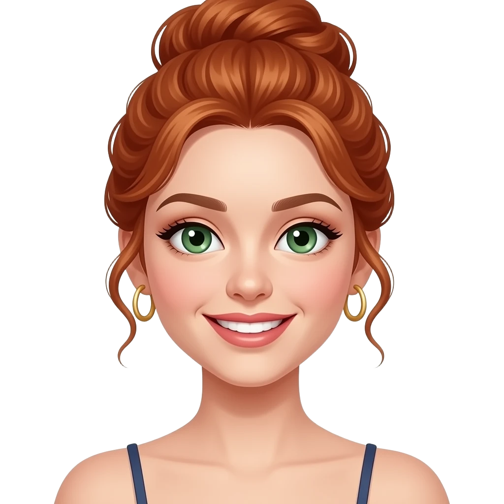 jeune femme rousse, yeux verts, cheveux en chignon haut ondulés, grand sourire charmeur, maquillage, botox, camisole, anneaux dorés aux oreilles emoji