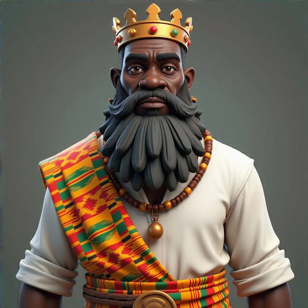Create me a Stylized 3D Character Art of an old African king with a large beard wearing kente cloth and white shirt for a Strategy Game. Make it have a balance of realism and caricature.  emoji