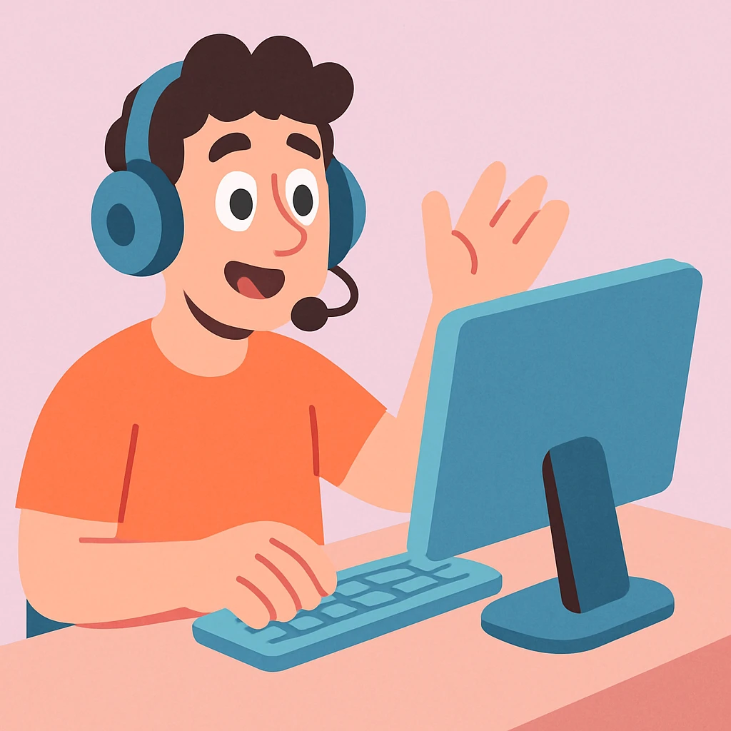 Man with headphones and microphone with computer. Operator emoji